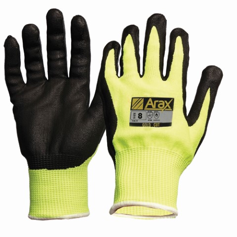 PRO SAFETY GLOVE ARAX GOLD NITRILE SAND DIP HI-VIS YLW LINER SIZE 8